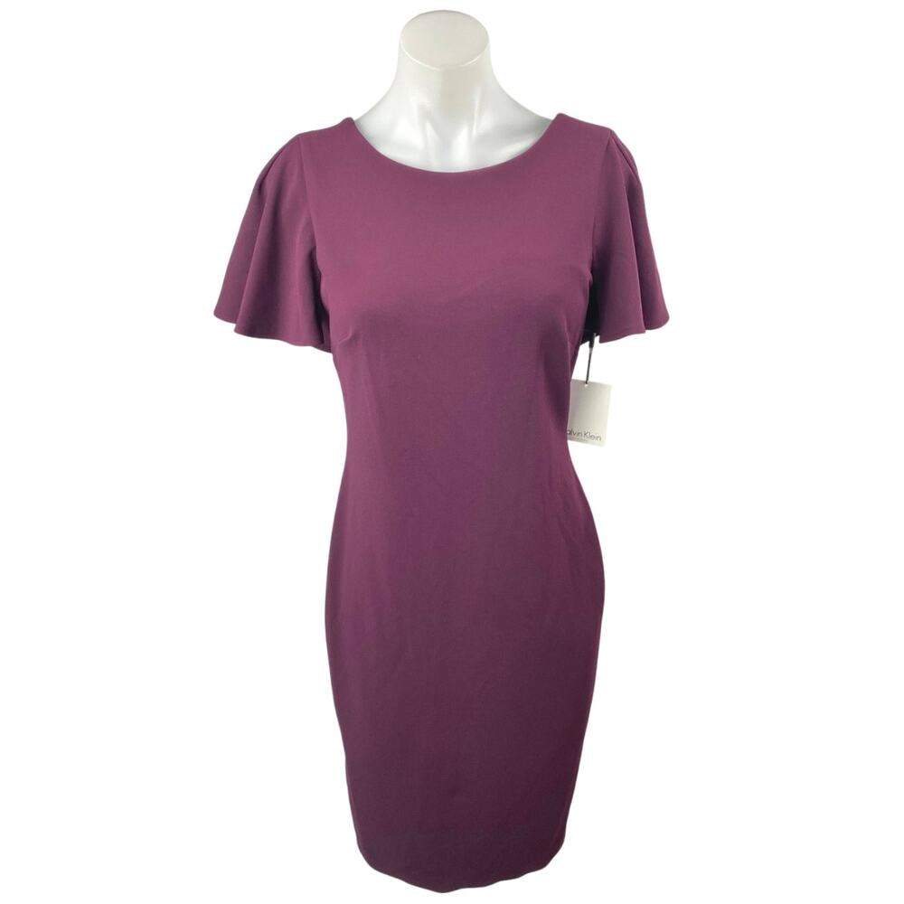 NEW Calvin Klein Purple Short Flutter Sleeve V-back Mini Pencil Sheath Dress 4